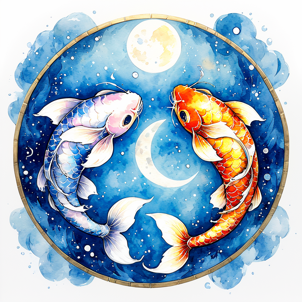 00074-1924033467-_lora_ArsMJStyle_-_SDXL_1_ ArsMJStyle, Pisces, The image shows a painting of two koi fish swimming in front of a full moon surro.png